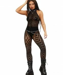 Fun Place Fever Sleeveless V Striped Bodystocking Black