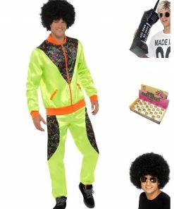 Fun Place Retro Shell Suit Complete Costume Bundle, Mens, Neon Green