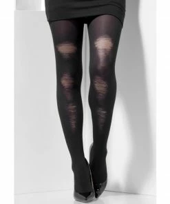 Fun Place Opaque Tights - Black With Distressed Detail Cosplay