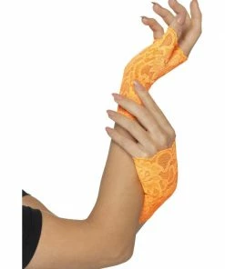Fun Place Decades & Eras 80s Fingerless Lace Gloves, Short, Neon Orange