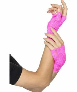 Fun Place 80s Fingerless Lace Gloves, Neon Pink