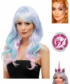 Fun Place Fashion Unicorn Pastel Wig Complete Bundle, Wavy, Long, Multi-Color